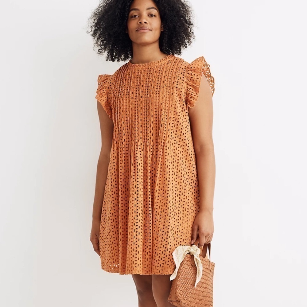 Madewell eyelet ruffle sleeve pintuck mini dress mulled cider